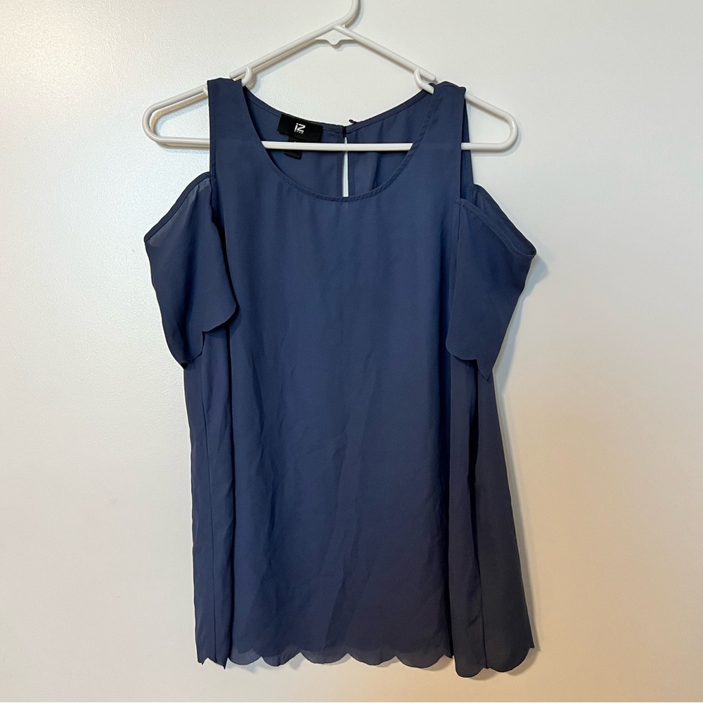 Cold Shoulder blue top with scallop edge bottom and sleeves